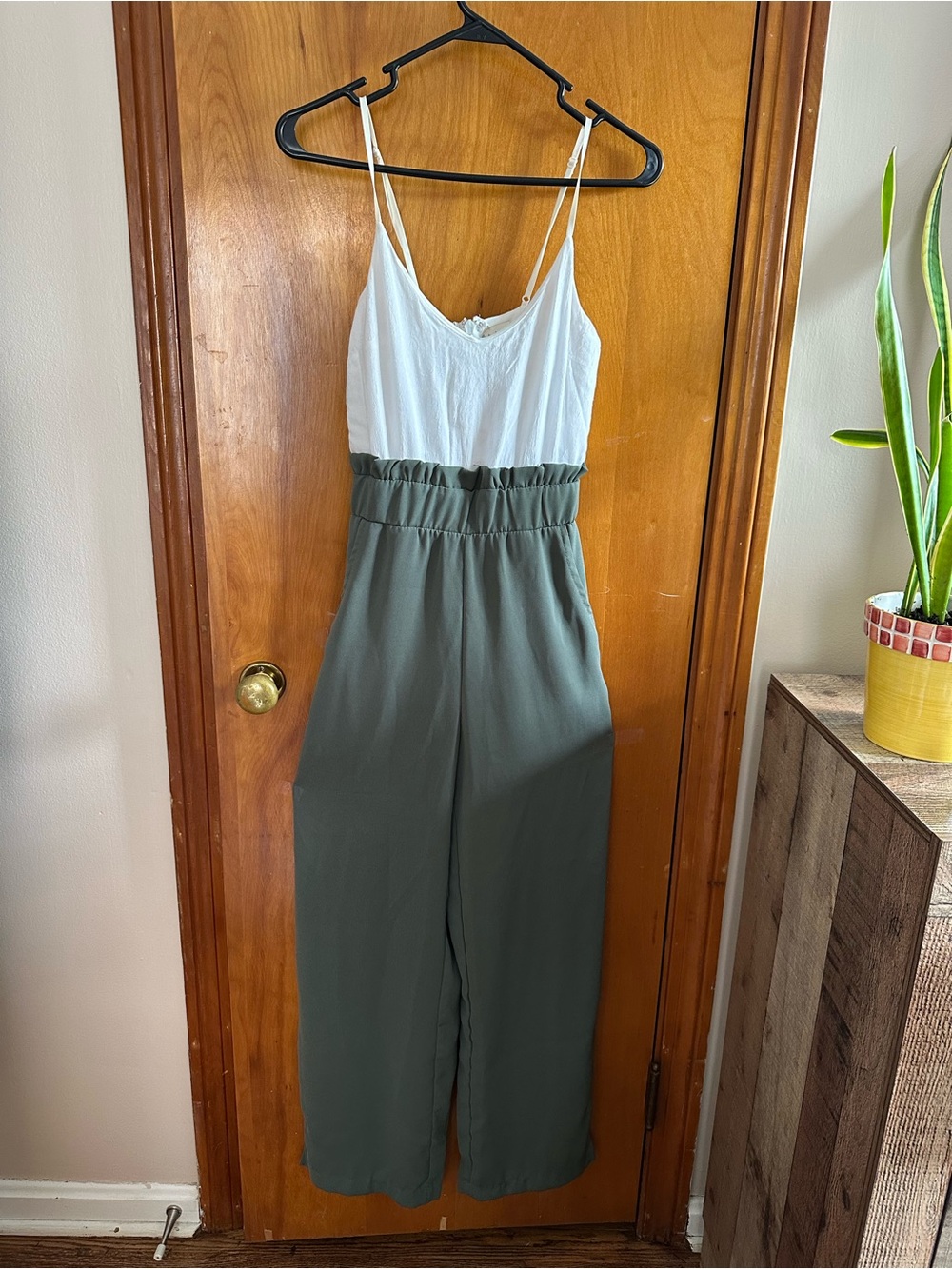 Altar'd State White & Olive Jumpsuit with Paperbag Waist